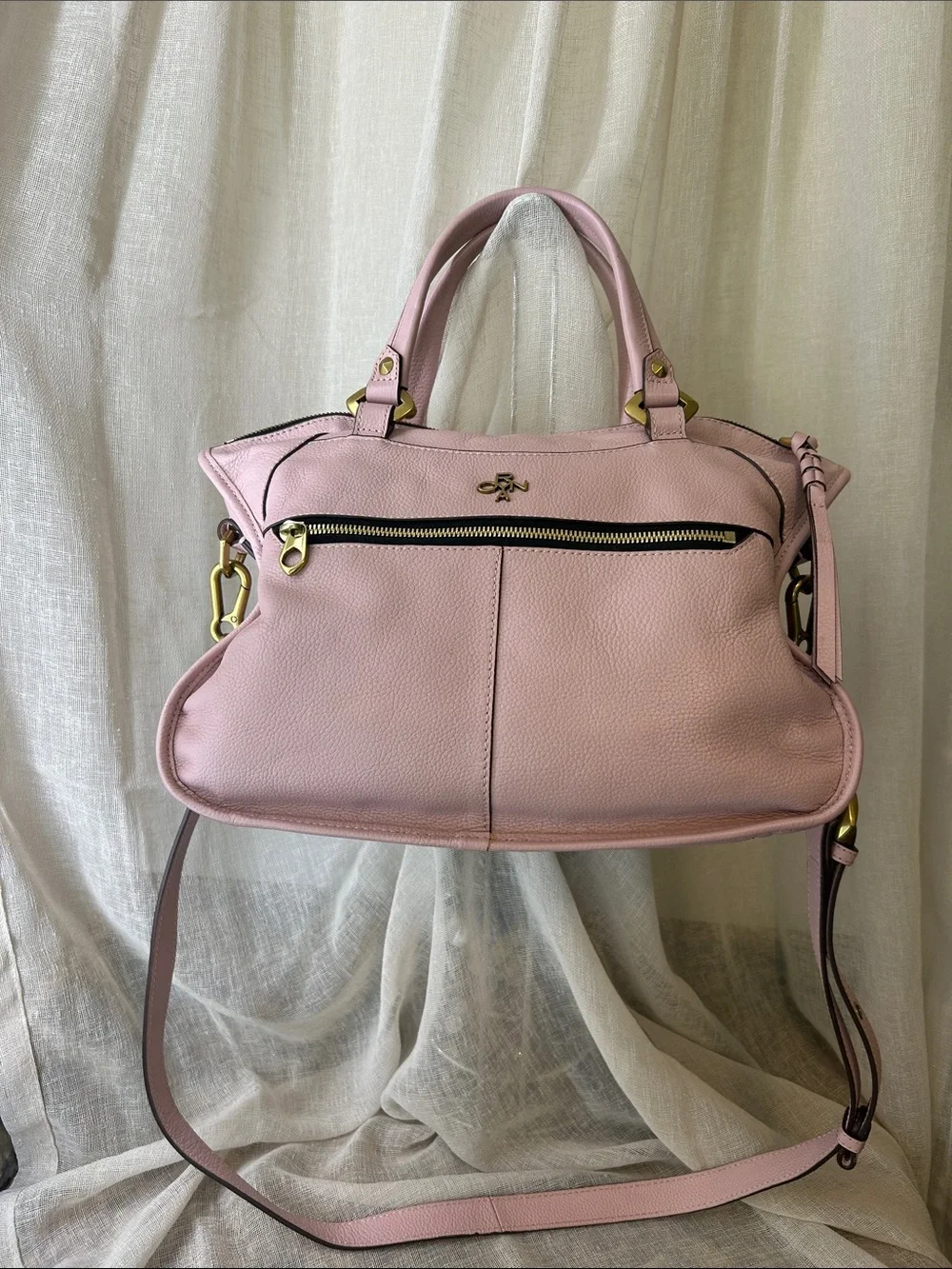 Peony Pink Pebbled Leather Shoulder Bag with Gold Accents